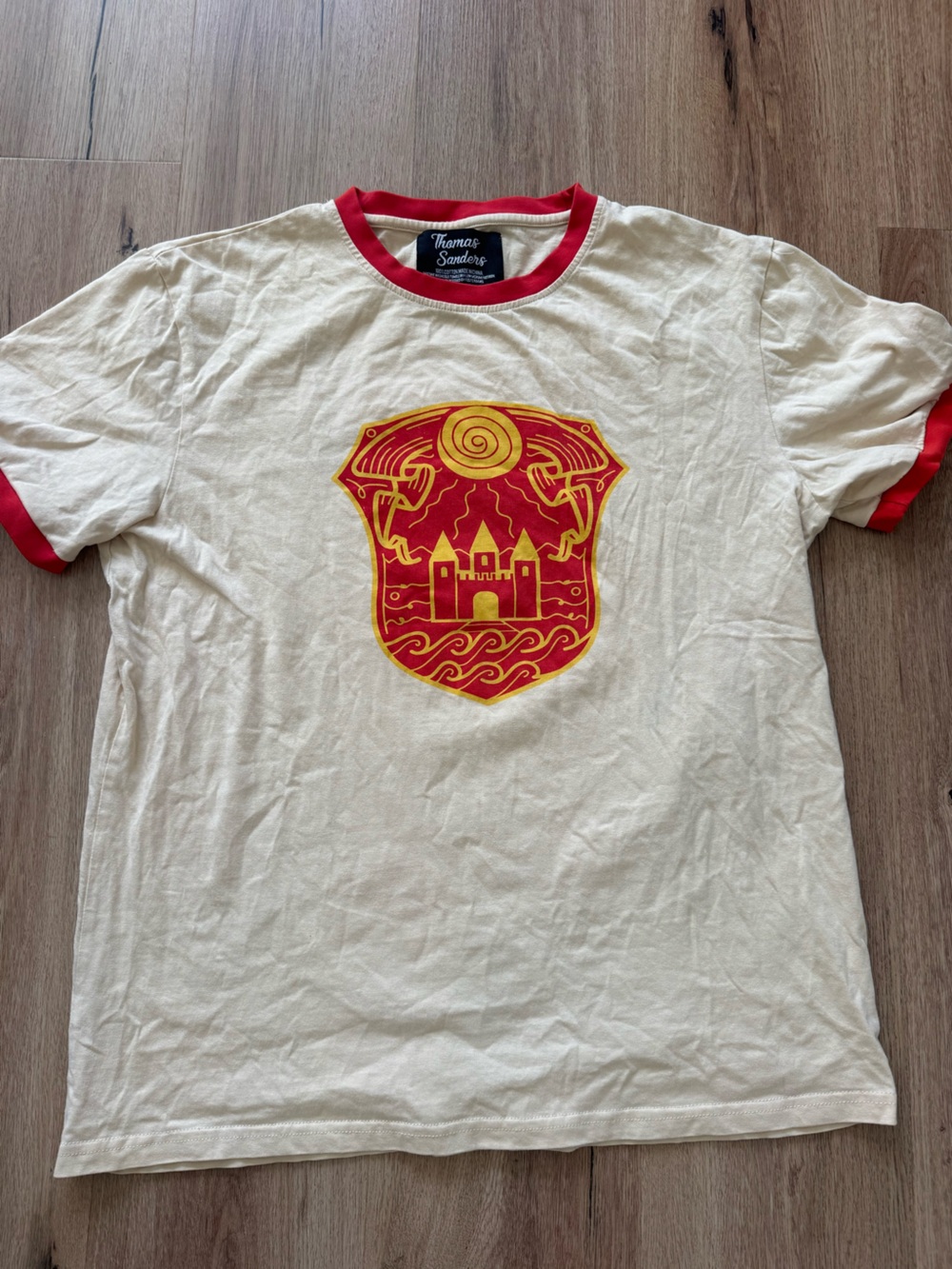Cream Ringer Tee with Red Trim & Yellow-Red Crest 100% cotton